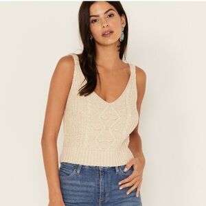 CLEO + WOLF WOMEN'S Size Large CROPPED CABLE KNIT SWEATER CAMI Cream TOP